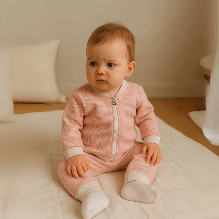 Children’s Waffle Zip Cardigan – Powder Pink for wholesale by PUFFI