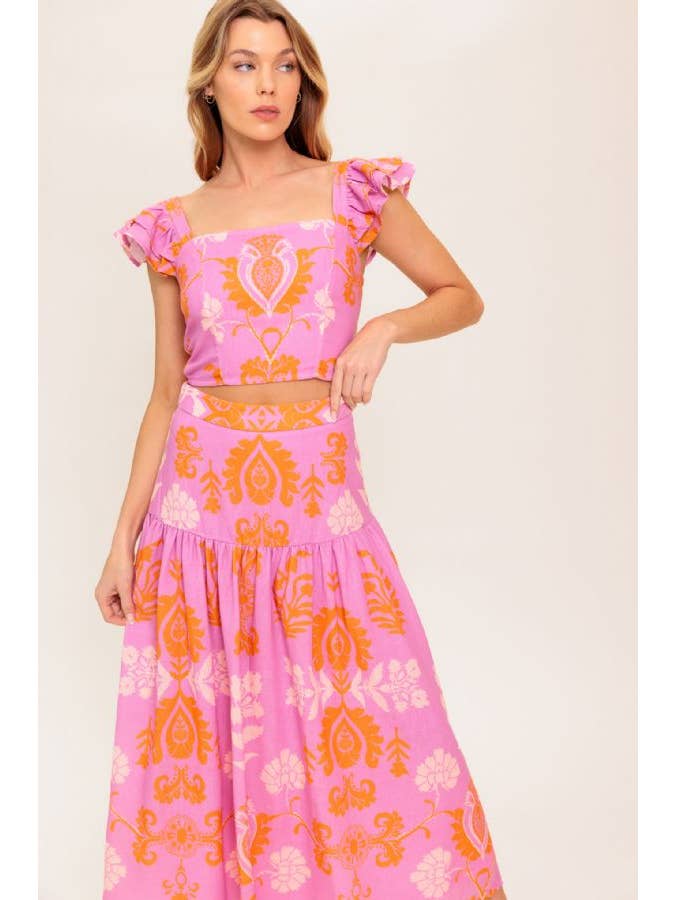 PINK ORANGE A printed woven top and skirt set - IT13641-SET for wholesale on Faire