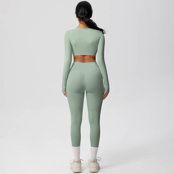 Sodalemon - Wholesale Activewear Set - Women's - Women High-Waist Yoga Set:Cropped Long Sleeve Top + Leggings16
