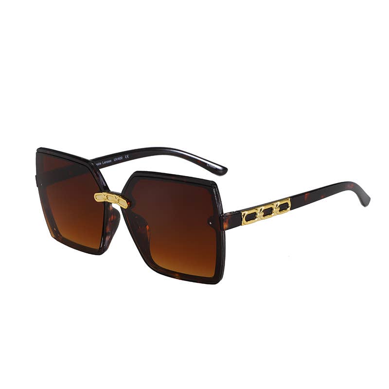 Prime Opticals – wholesale Sunglasses – Women's – F3222, Oversized Square Frame With Gold Decor Arm Sunglasses2