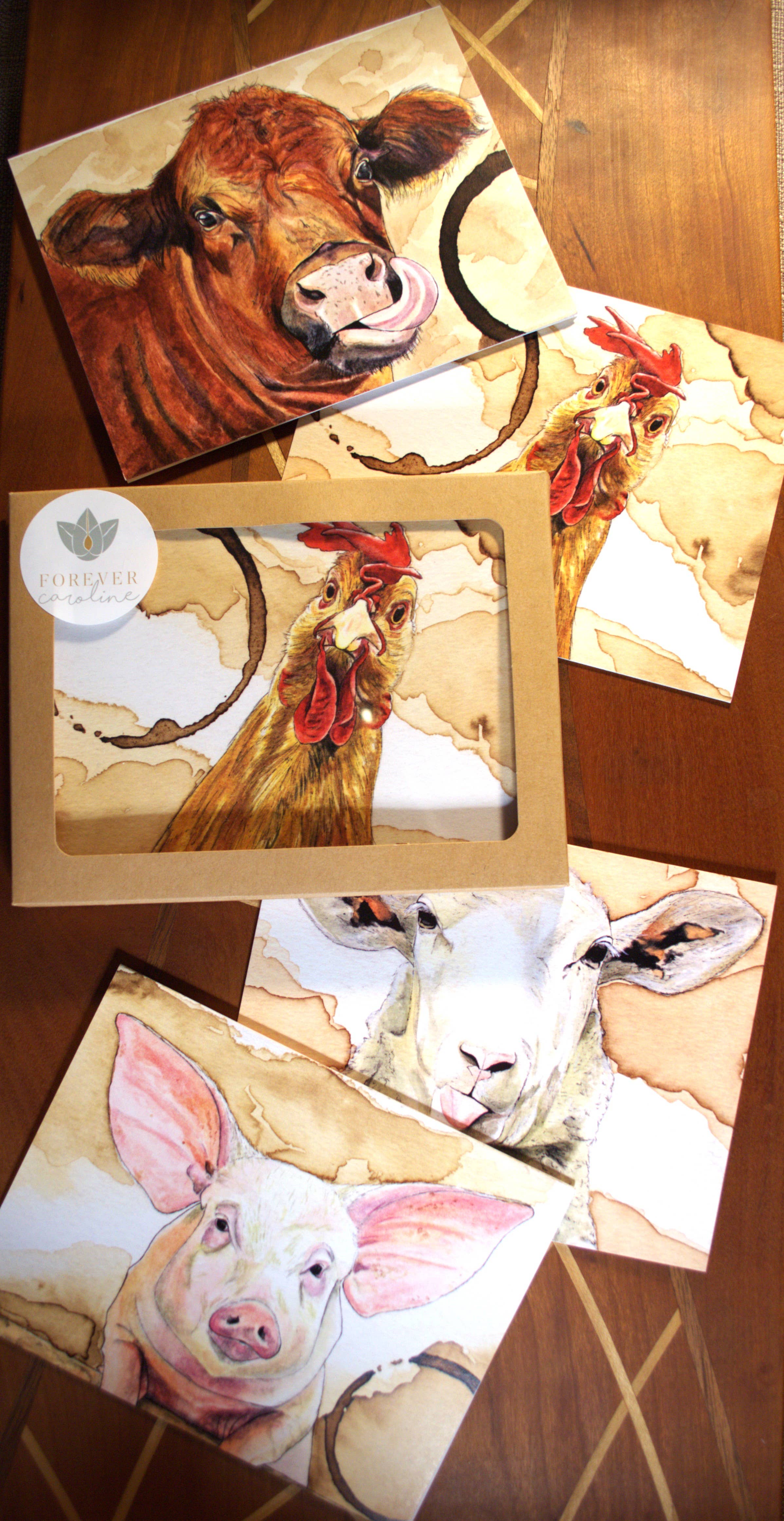 Forever Caroline LLC - Wholesale Stationery/Notecard Set - Farm Animal All-Occasion Single Cards OR Boxed Notecard Set1