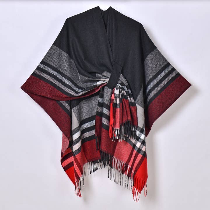 Rosa Clothing - Wholesale Wrap - Women's - Asymmetric Plaid Tassel Thermal Shawl Ruana1