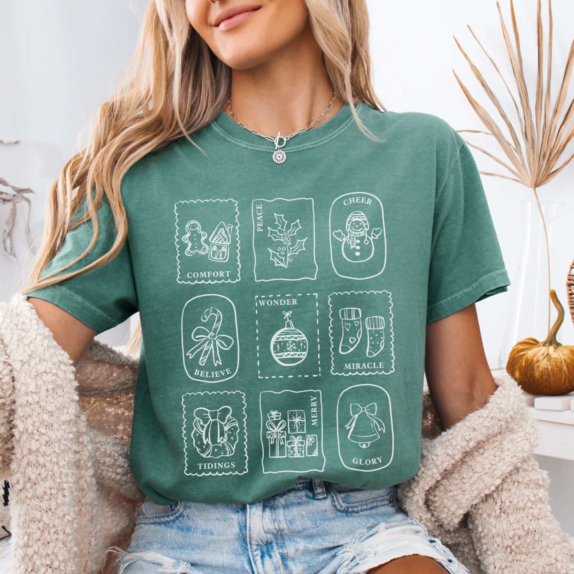 Scripted Pearl - Wholesale Screen Printed T-Shirt - Women's - Christmas Stamps Comfort Colors Holiday Graphic T Shirt11