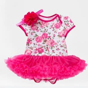 Fuchsia Flower Print Baby Romper Tutu Dress & Headband for wholesale by Fennco Styles