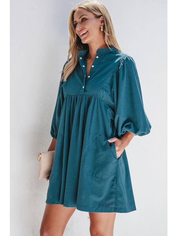 PRETTY BASH - Wholesale Dress - Women's - Solid Corduroy 3/4 Sleeve Snap Button Dress2