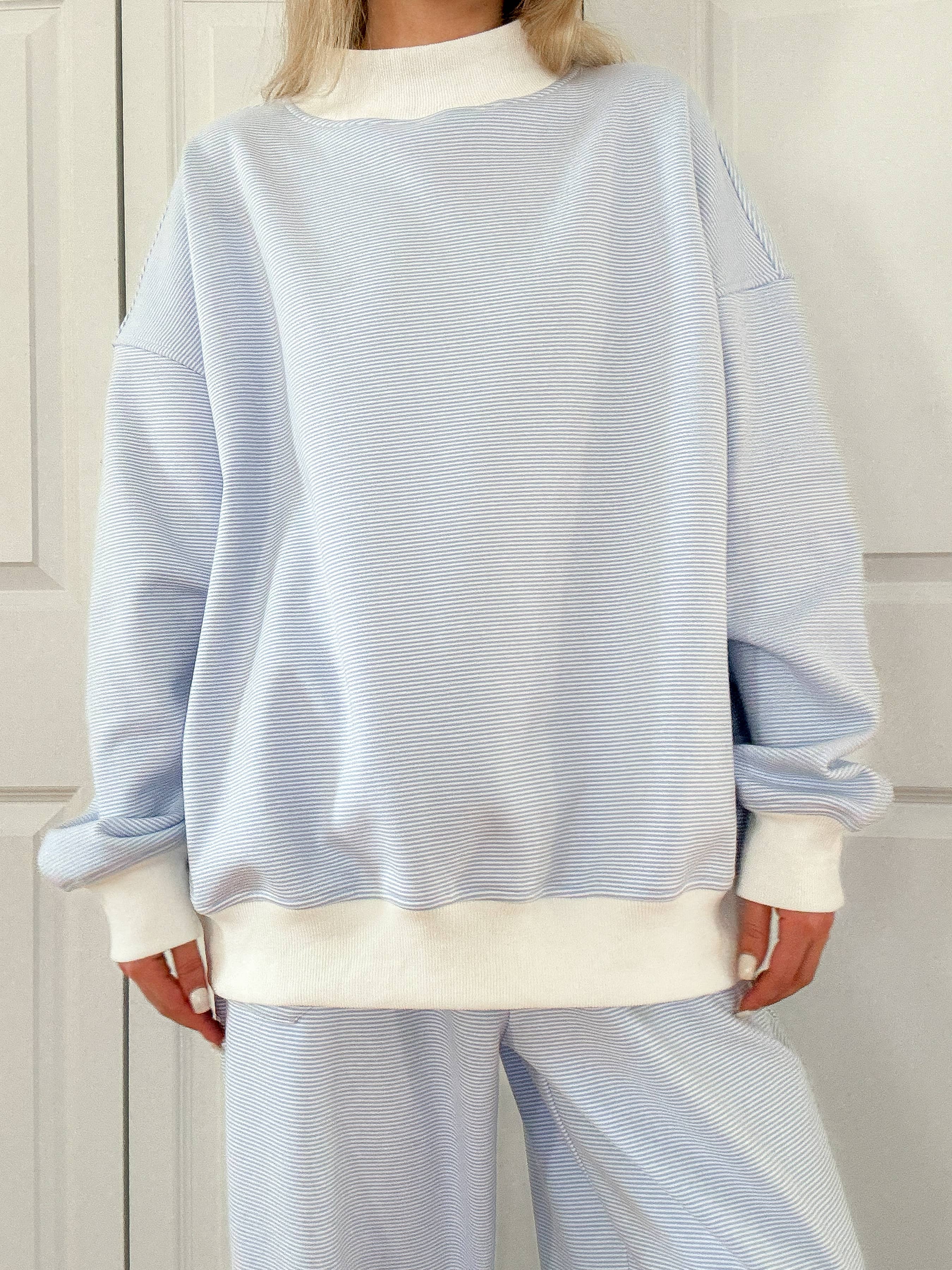 Blue and White Mini Striped Mockneck Sweatshirt for wholesale on Faire9