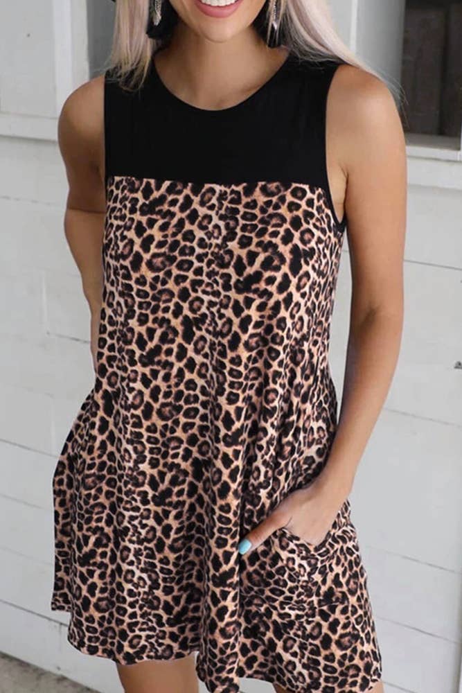Leopard Patchwork Sleeveless Dress XYJ007