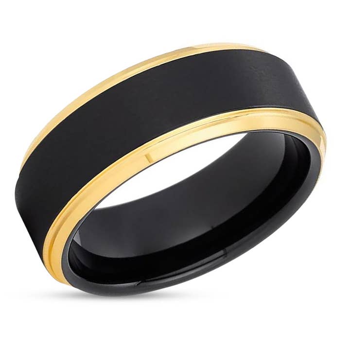 Yellow Gold Tungsten Wedding Band - Yellow Gold Tungsten Ring - Black Wedding Ring for wholesale by Lucky Love Rings