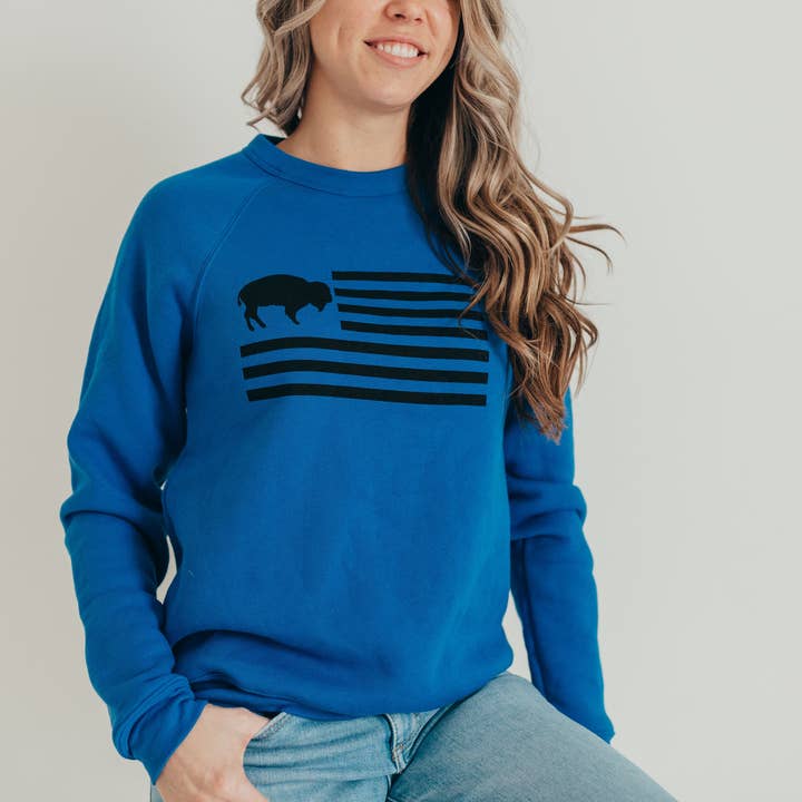 Buffalo flag royal blue crew sweatshirt for wholesale by Wild Roamer