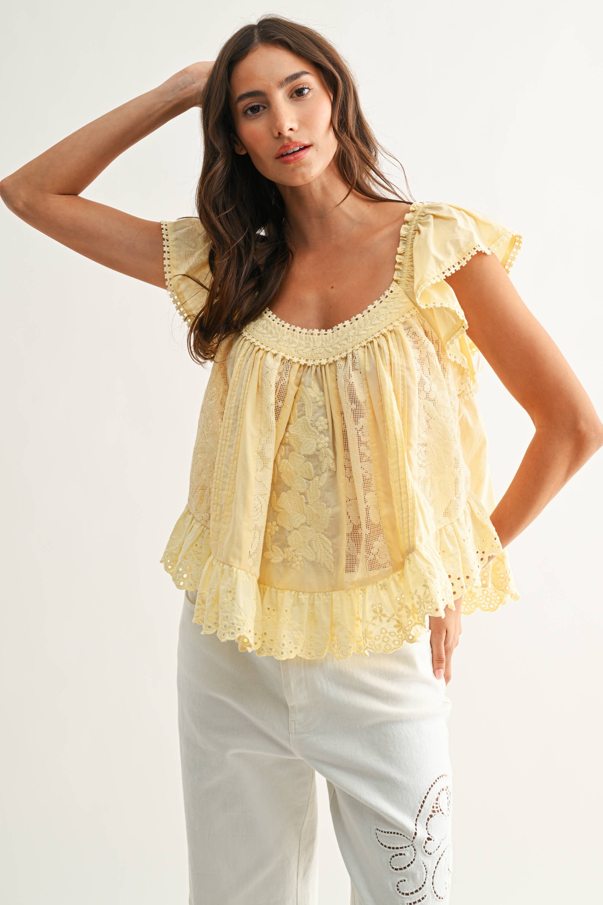 LT YELLOW CET26937 Sleeveless Lace Blouse with Embroidered for wholesale on Faire2