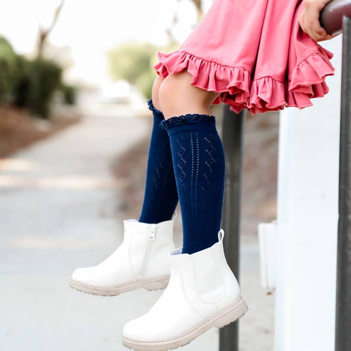 Little Stocking Co. - Wholesale Socks - Kids & Baby - Navy Fancy Lace Top Knee High Socks