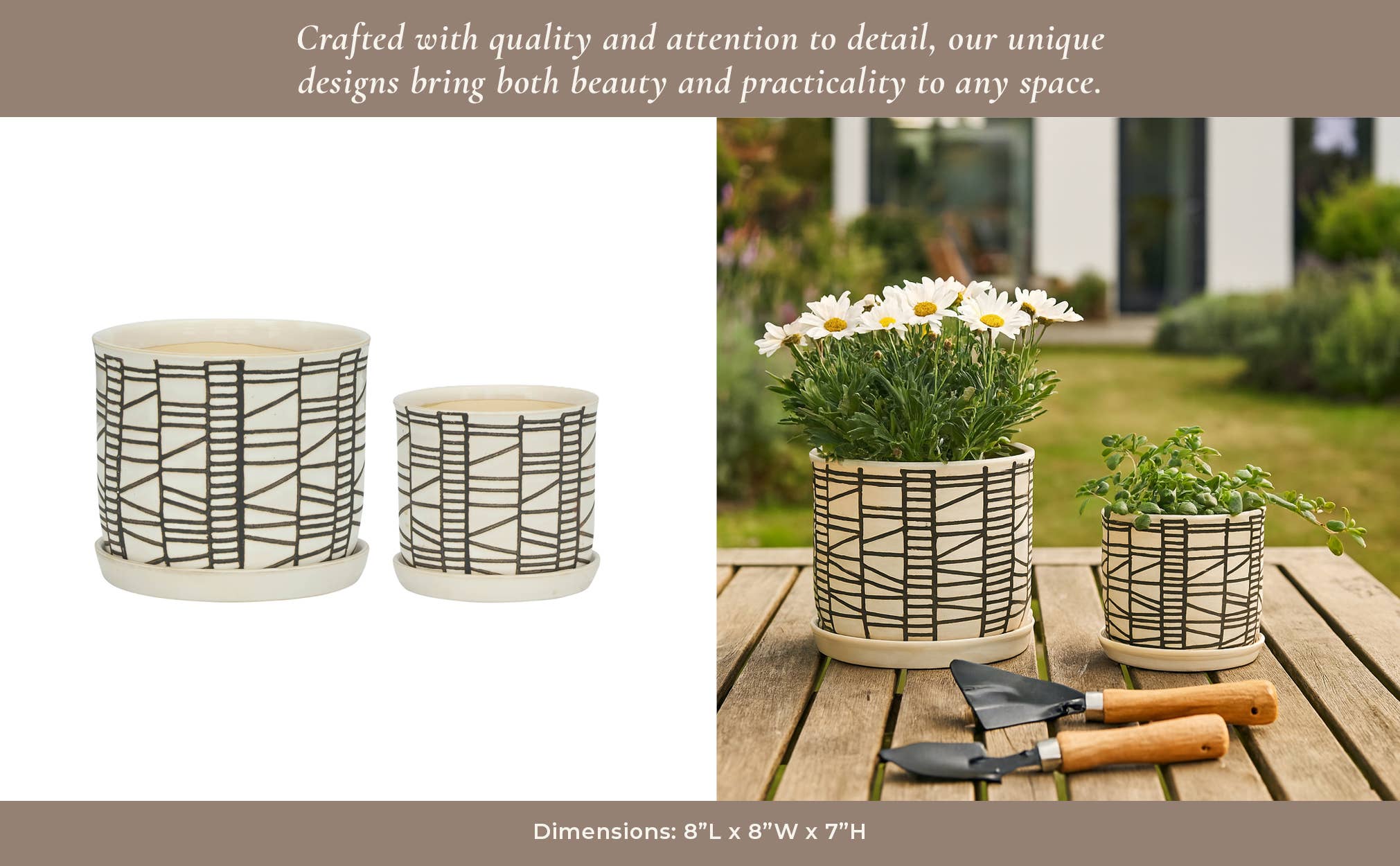 Sagebrook Home - Wholesale Plant Pot - Planters Set of 2 - Beige Ceramic Geometric Saucer, 6/8 in.12