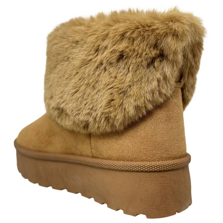 Women's Platform Booties Faux Suede Fur Lining Pull On Cuff Boots Tan Suede for wholesale on Faire2