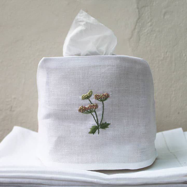 Hand Embroidered Linen Tissue Box Cover - Meadow Flower White for wholesale by Gordonsbury