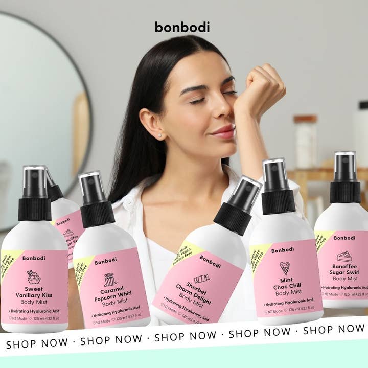 Bonbodi | The Bonbon Factory glow-up – Óleos essenciais/água para rosto e corpo por atacado – Pipoca de Caramelo Whirl Body Mist 🍦 (125 ml)3