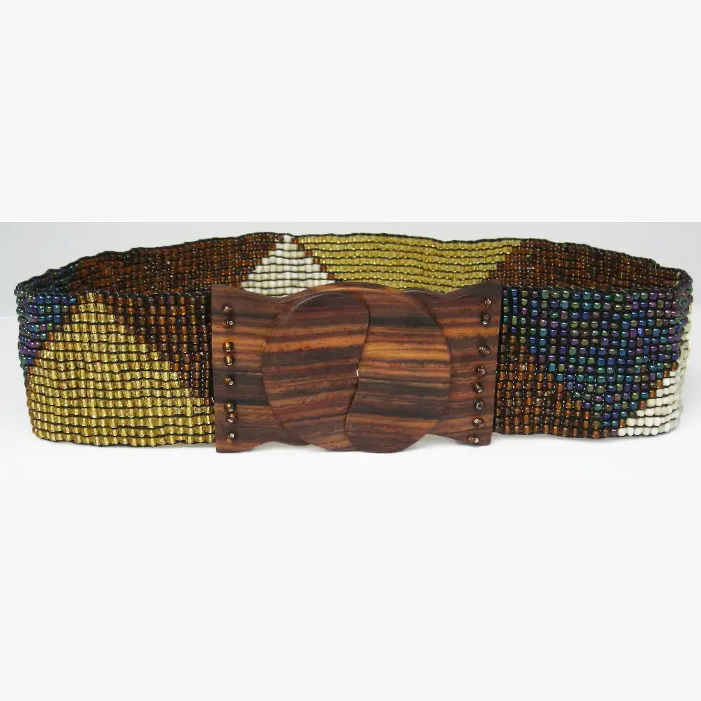 Erik & Mike - Wholesale Belt - Women's - Glass beaded belt wood scroll triangles Hand Loomed in brown1