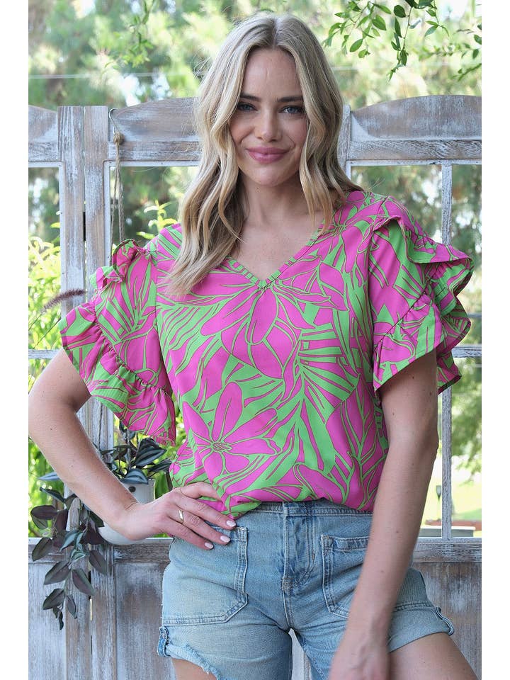 FUCHSIA GREEN ST2407-E - PRINTED WOVEN RUFFLED TULIP SLEEVE V NECK TOP for wholesale on Faire