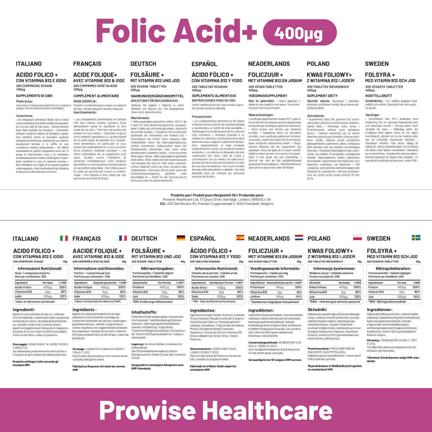 Prowise Healthcare - Wholesale Oral Supplement/Vitamin - Folic Acid Tablets 400 mcg - 400 Vegan Vitamin B9 Tablets 4