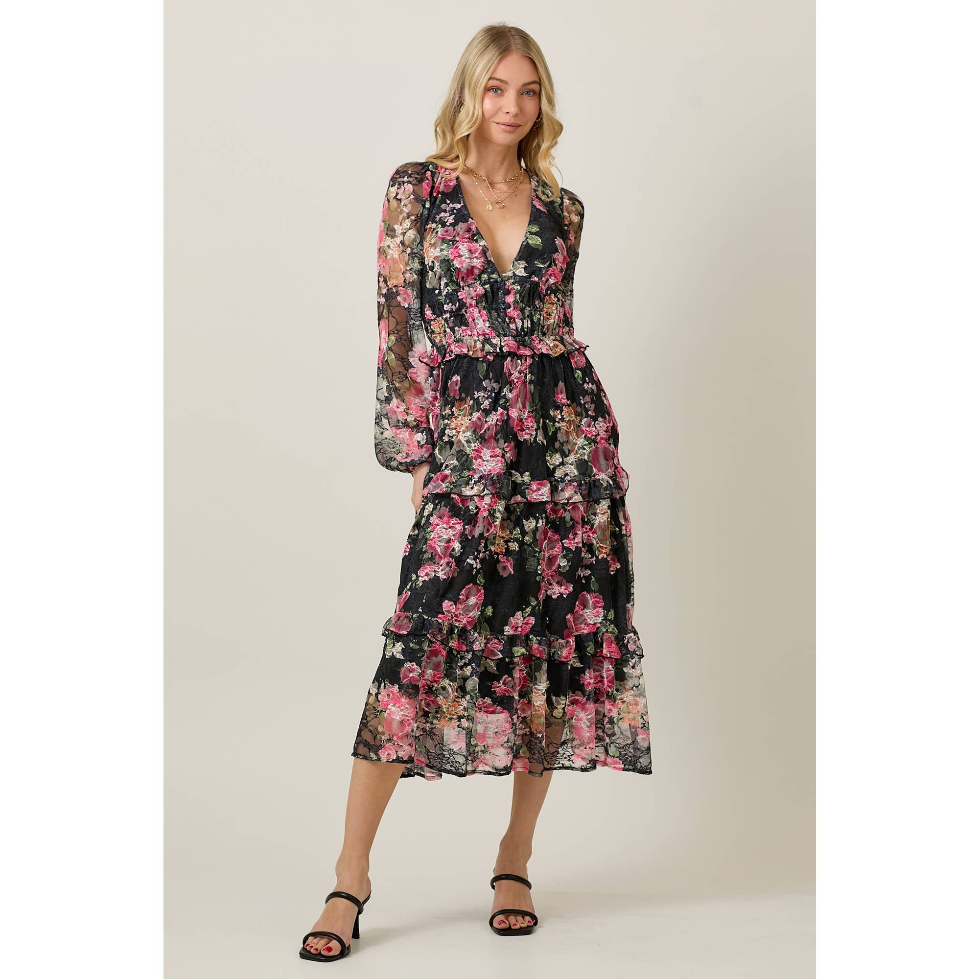 SKYLAR ROSE – wholesale Dress – Women's – FLORAL LACE LONG SLEEVE TIERED MIDI DRESS7