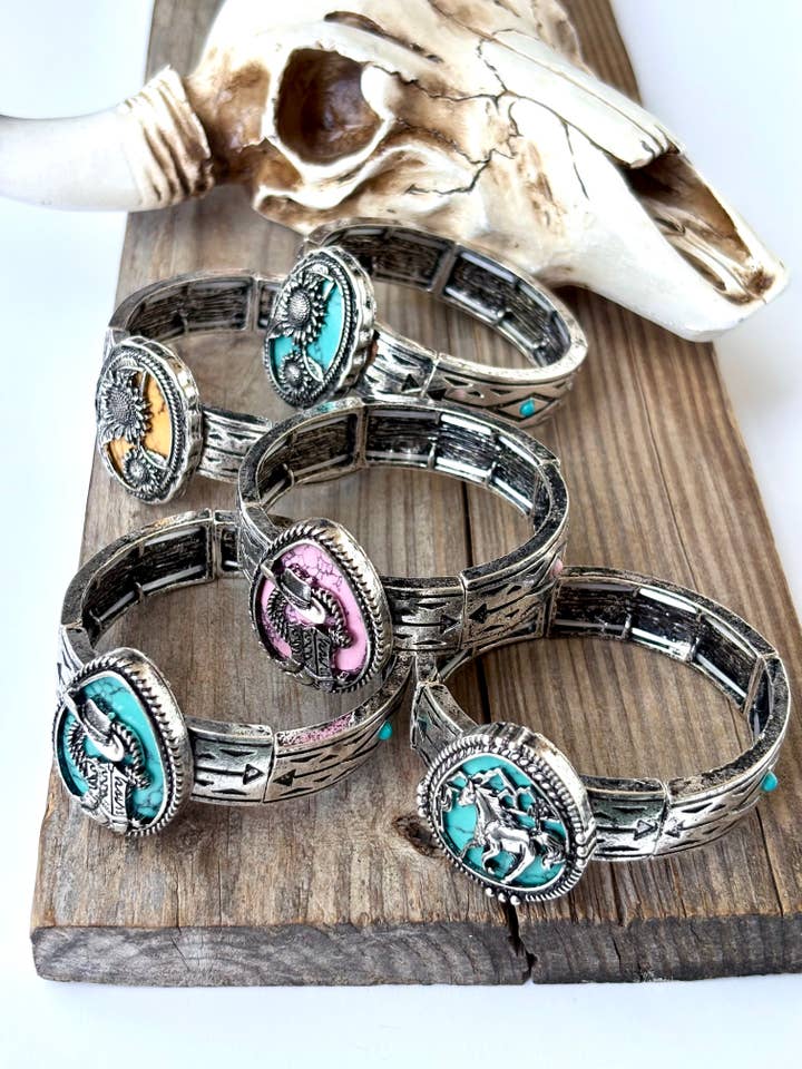 Western Style Stone Pendant Engraved Aztec Stretch Bracelet for wholesale by Boho Ranch Shop