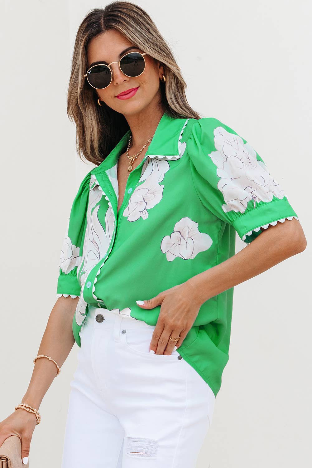 Aapparella - Vente Chemise à col boutonné – femme - Haut à boutons avec manches bouffantes et bordure en croquet floral | S-XL16