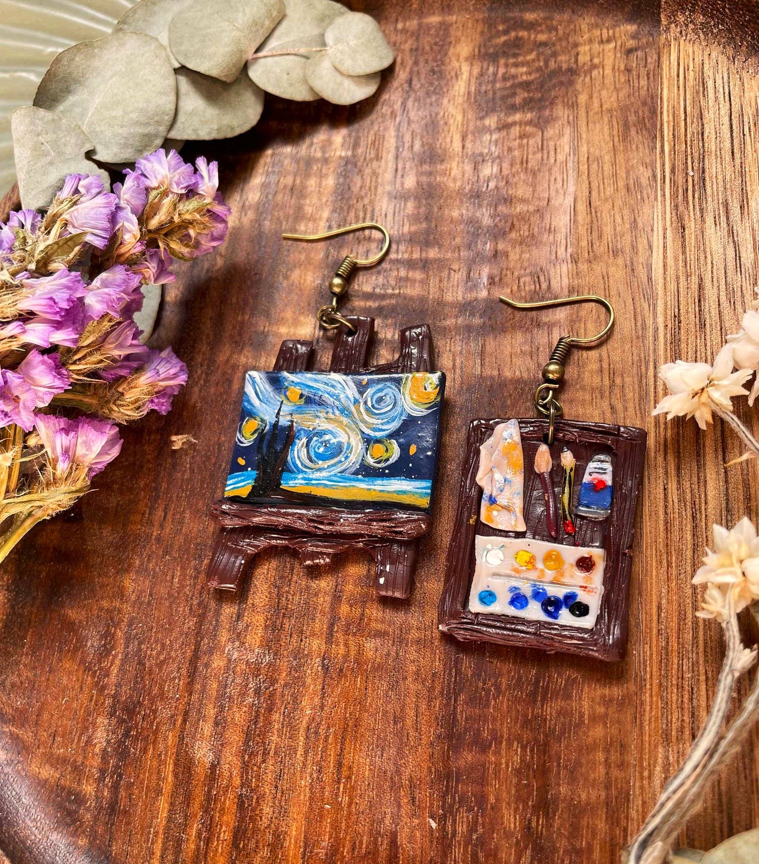 PrettySpookyDesigns - Vente Boucles d'oreilles pendantes - Boucles d'oreilles en pâte polymère - Nuit étoilée | Van Gogh Jewellery7