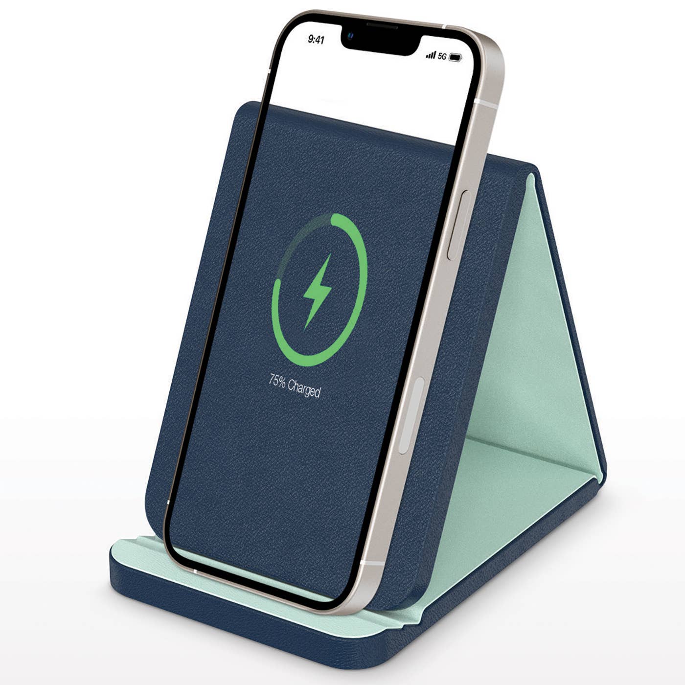 PhunkeeTree - Wholesale Phone/Tablet Stand - Navy with Mint - Leather Wireless Charging Folding Stand0
