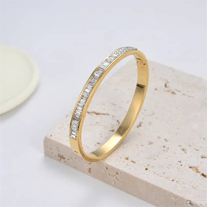 Baguette Crystal Bracelet Bangle - Gold, Silver or Rose Gold for wholesale by Misgraceful