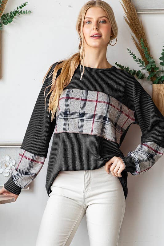 HEIMISH - Vente Haut en maille – femme - HAUT URBAIN CÔTELÉ ET À CARREAUX À MANCHES LONGUES ET7383-131