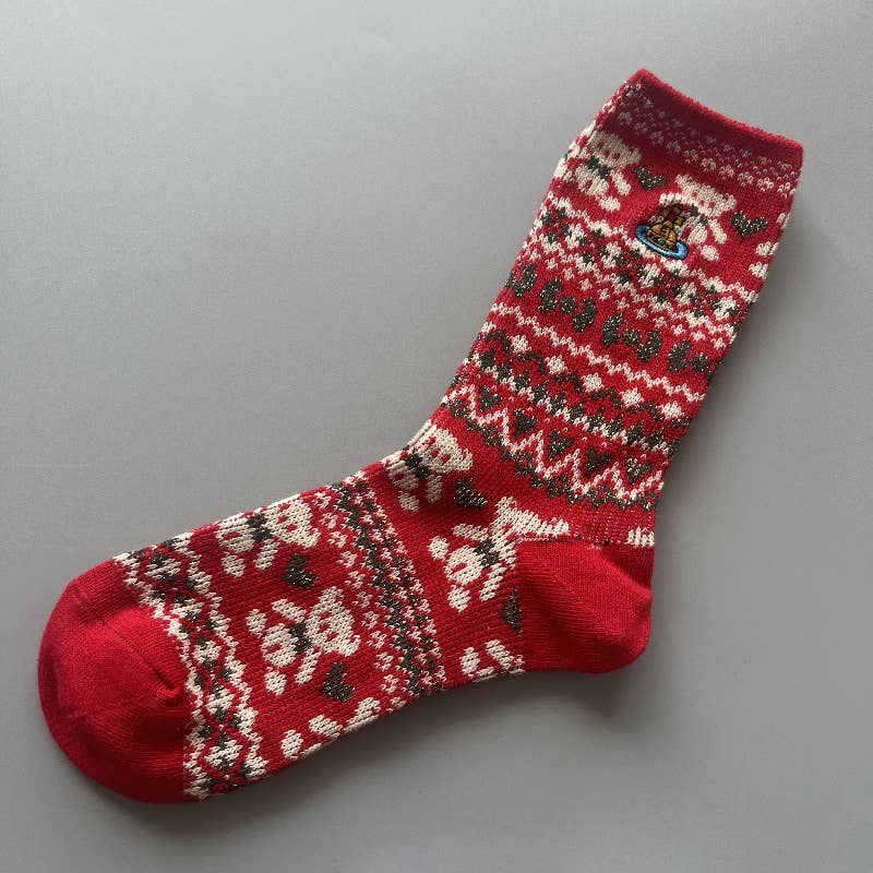 Tourtiwi - Wholesale Socks - Women's - Red Snowflake & Geometric Patterns Christmas Crew Socks8