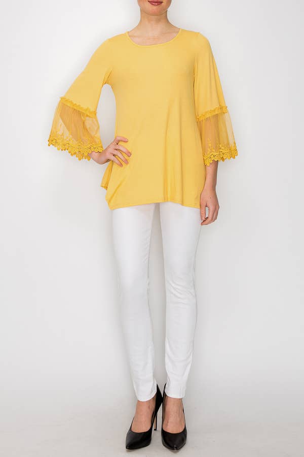 Origami Apparel ~ Lace and Crochet inspired - Wholesale Tunic – Women’s - TUNIC TOP WITH LACE SLEEVE TRIMMINGS-4480MUSTARD