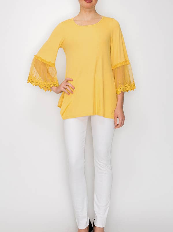 Origami Apparel ~ Lace and Crochet inspired - Wholesale Tunic – Women’s - TUNIC TOP WITH LACE SLEEVE TRIMMINGS-4480MUSTARD0