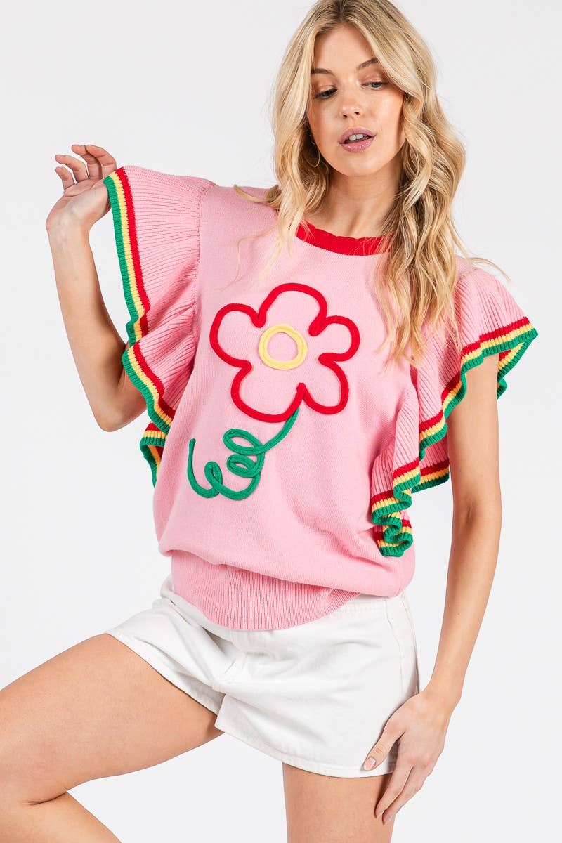 PINK FLORAL RUFFLE KNIT SWEATER TOP  for wholesale on Faire4