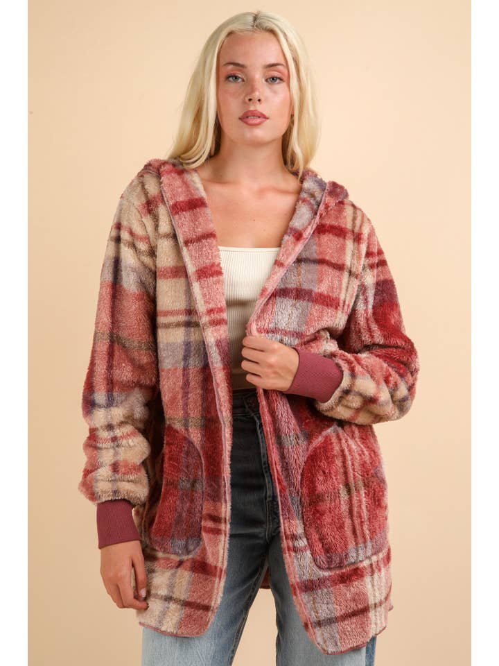 VERY J - Wholesale Jacket - Women's - NJ90302X-PLUS SIZE Faux Fur Tunic Hooded Printed Jacket