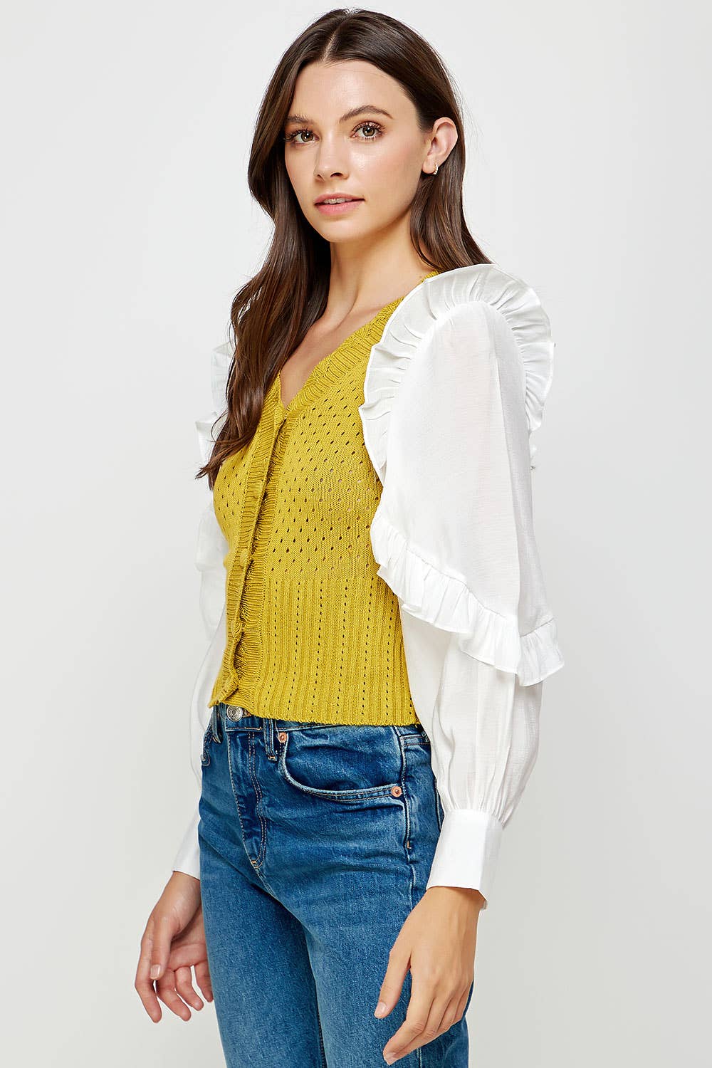 Strut & Bolt - Wholesale Knit Sweater - Women's - Mixed Fabric Ruffled Sleeve Crochet Knit Sweater13