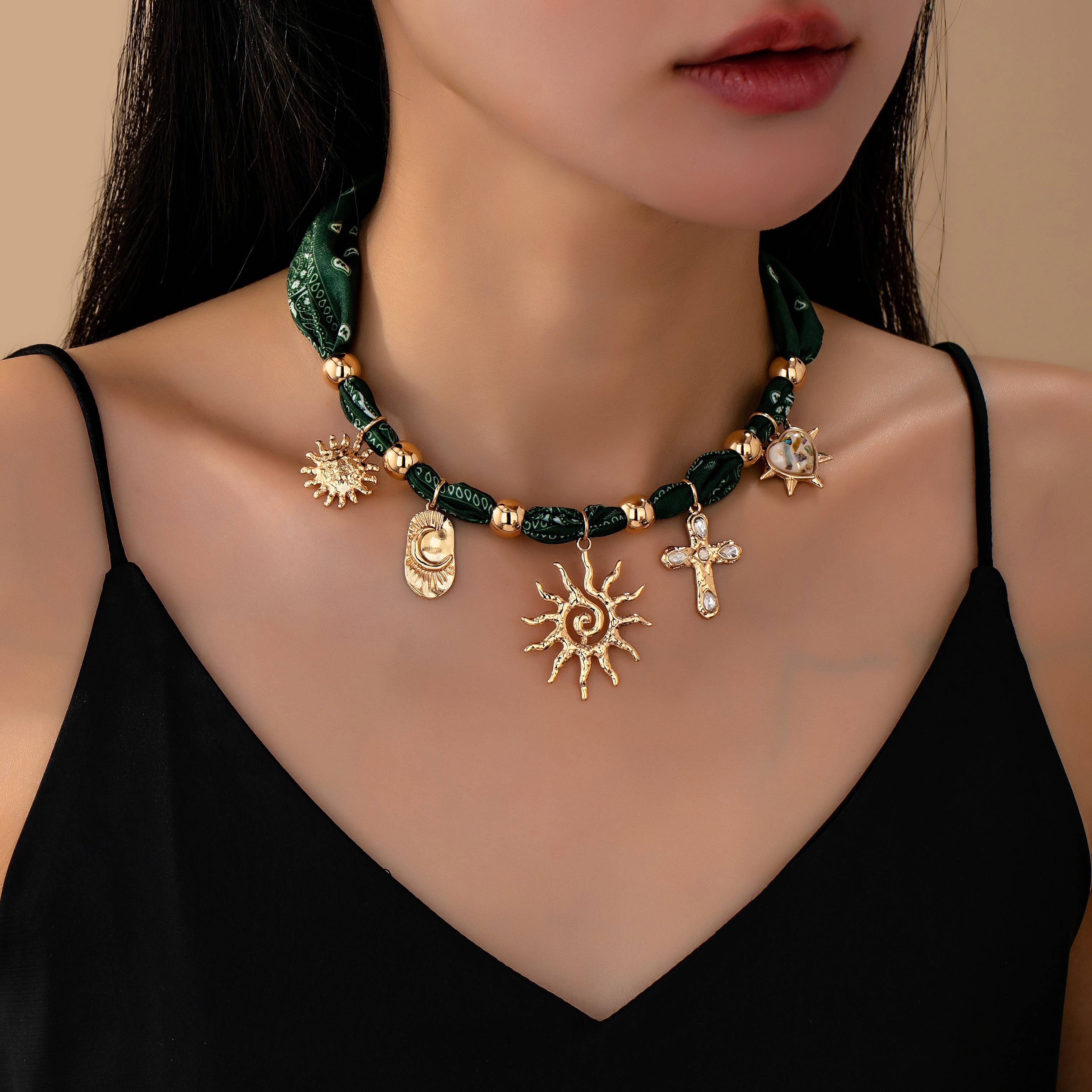 GOLD HANDMADE SCARF NECKLACE-SUNBLAST CROSS HEART MOON | 80N92552 for wholesale on Faire4