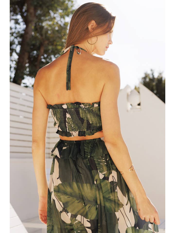 Black Leaf Tropical Palm Halter Maxi Dress for wholesale on Faire4