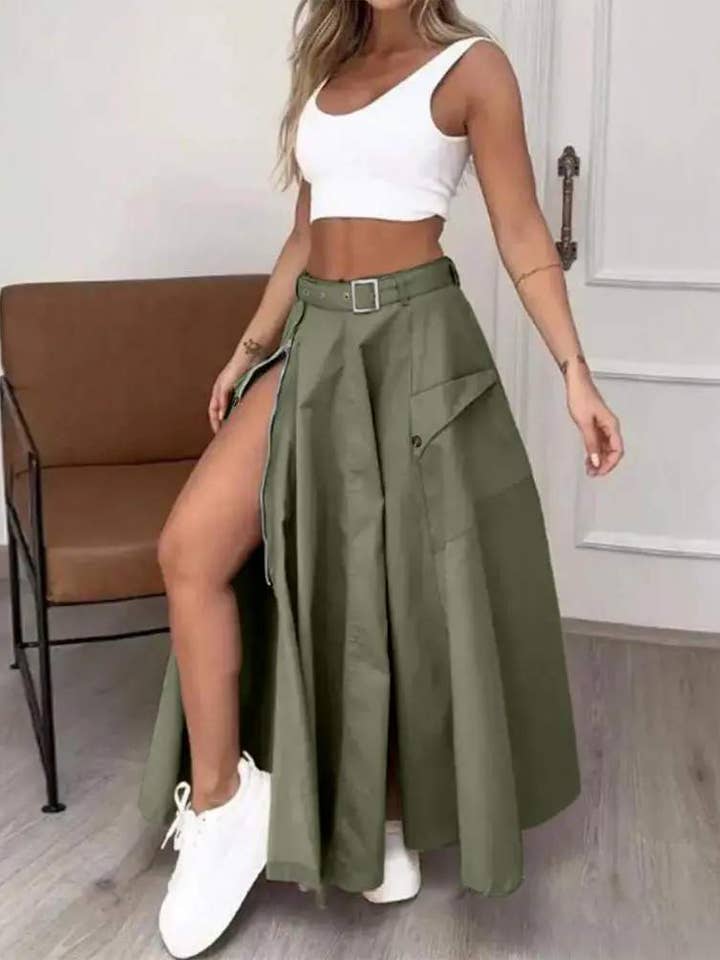 midjebälte med dragkedja med hög slits maxi a line kjol för wholesale av Queen Fashion