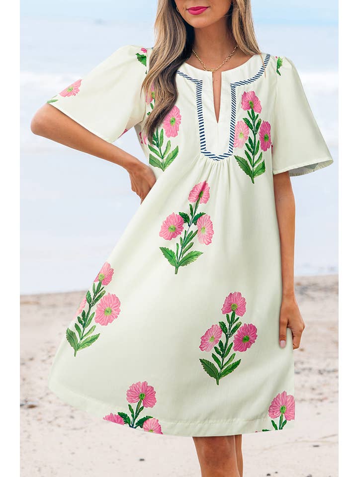 Aapparella - Wholesale Dress - Women's - Floral Print Short Sleeve Split Neck Mini Dress | S-XL