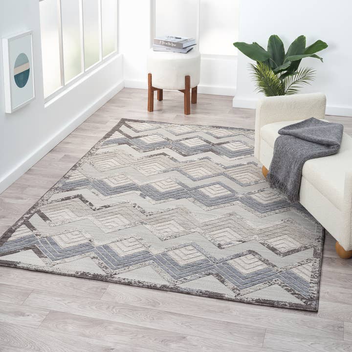 Light Blue Ivory Eastgate Chevron PET Yarn Indoor/Outdoor Area Rug for wholesale on Faire