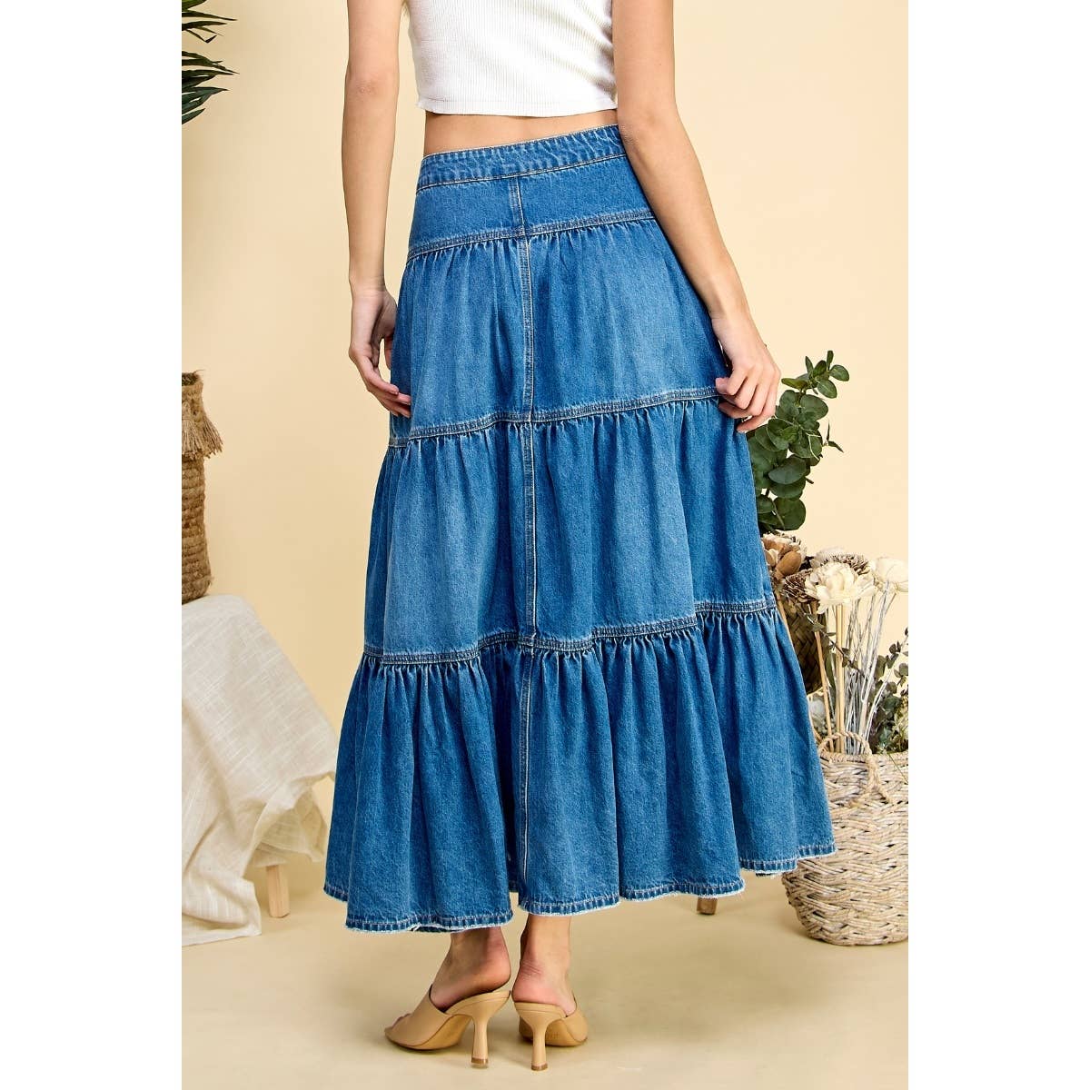 Med Wash Front Button 3 tiered Denim Skirt for wholesale on Faire2
