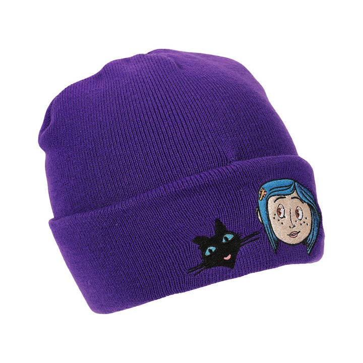 Bioworld Merchandising - Wholesale Beanie - Unisex - Coraline & Black Cat Character Art Purple Cuff Beanie2