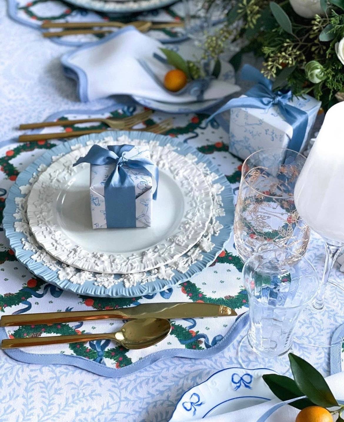 Frances Fields Home, formerly Fenwick Fields - Wholesale Placemat - Round Scalloped Placemat | Holiday Wreath - Cornflower Blue (4-pack)2