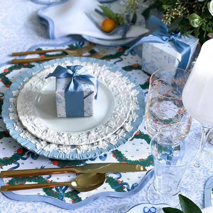 Frances Fields Home, formerly Fenwick Fields - Wholesale Placemat - Round Scalloped Placemat | Holiday Wreath - Cornflower Blue (4-pack)2