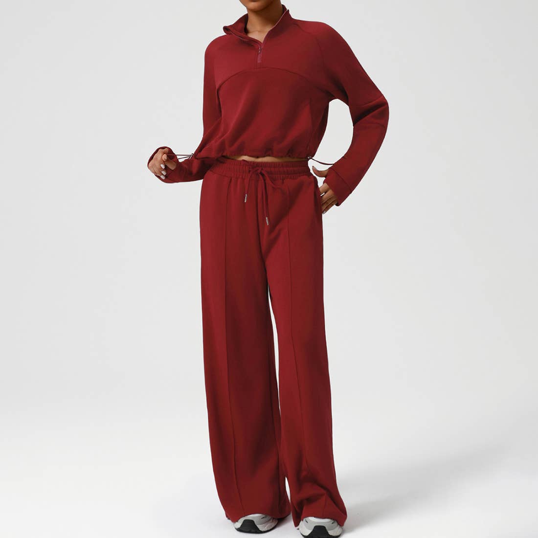 Sodalemon - Wholesale Activewear Set - Women's - Women Casual Sporty Set: Half Zip Pullover + Wide Leg Pants0