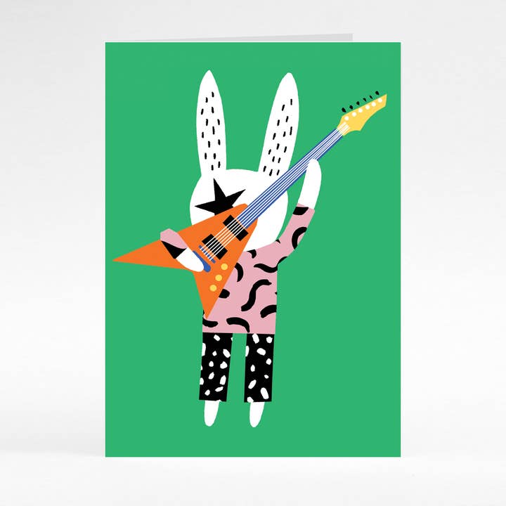 Guitar Rabbit card for wholesale by Becky Baur