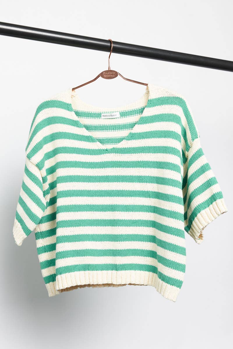 Newbury Kustom - Wholesale Knit Top - Women's - 11300-Striped Short Sleeve V-Neck Knit Top1