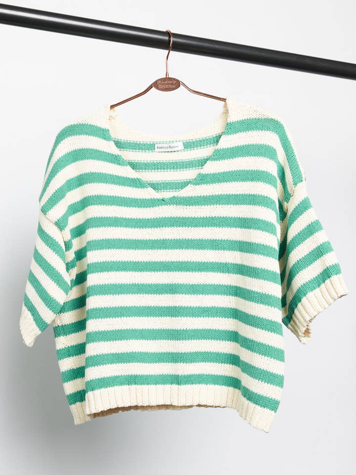 11300-Striped Short Sleeve V-Neck Knit Top for wholesale by Newbury Kustom