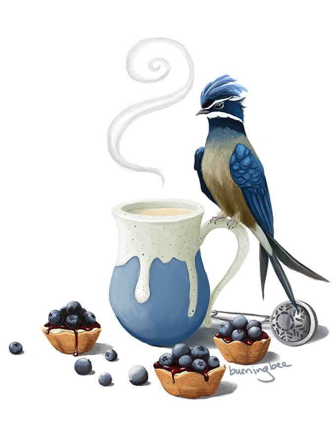 White Tea, Blueberry Tartlets, & A Whiskered Treeswift for wholesale by Burning Bee Illustration