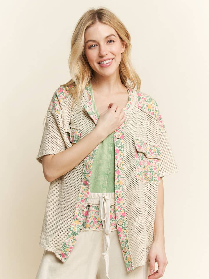 MineralWash Floral print trim Mesh Spring Cardigan HT6384 for wholesale by J.Her